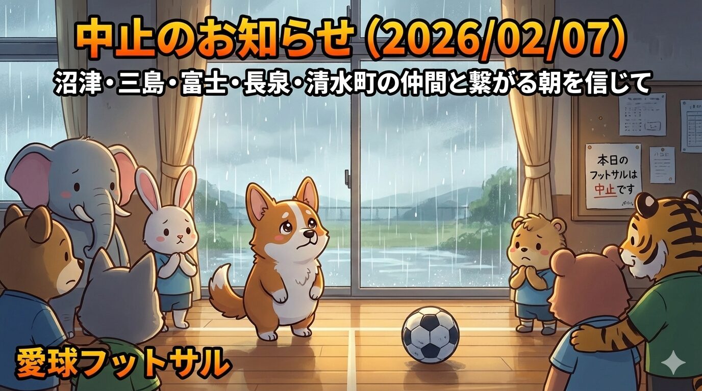 2026/02/07 愛球フットサル：中止のお知らせ｜沼津・三島・富士・長泉・清水町の仲間と繋がる朝を信じて