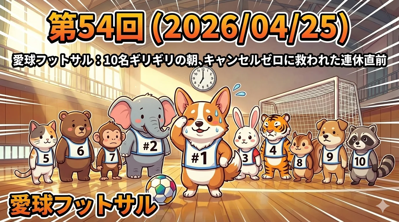 第54回（2026/04/25）愛球フットサル：10名ギリギリの朝、キャンセルゼロに救われた連休直前