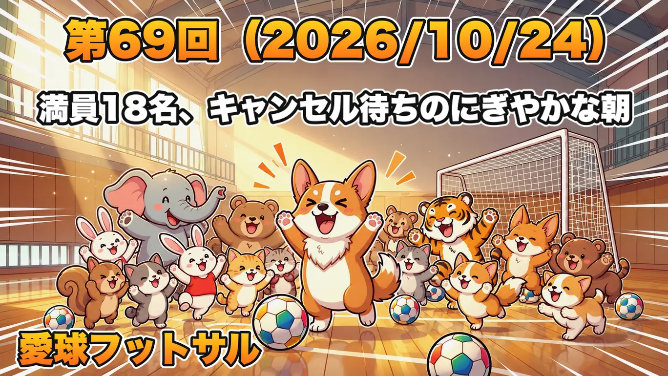 第69回（2026/10/24）愛球フットサル：満員18名、キャンセル待ちのにぎやかな朝